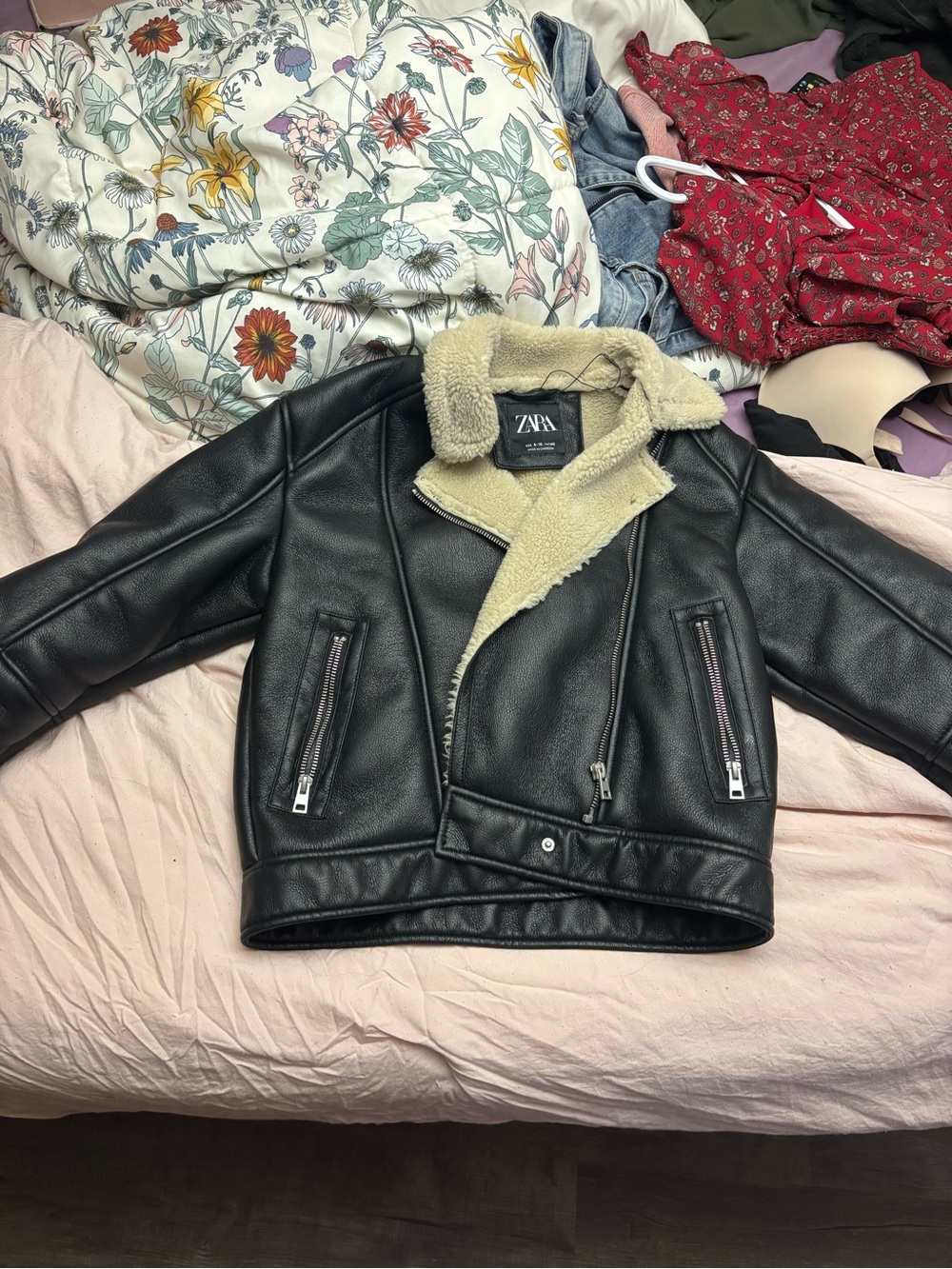 Zara Black Faux Leather Jacket with Cream Shearling Collar